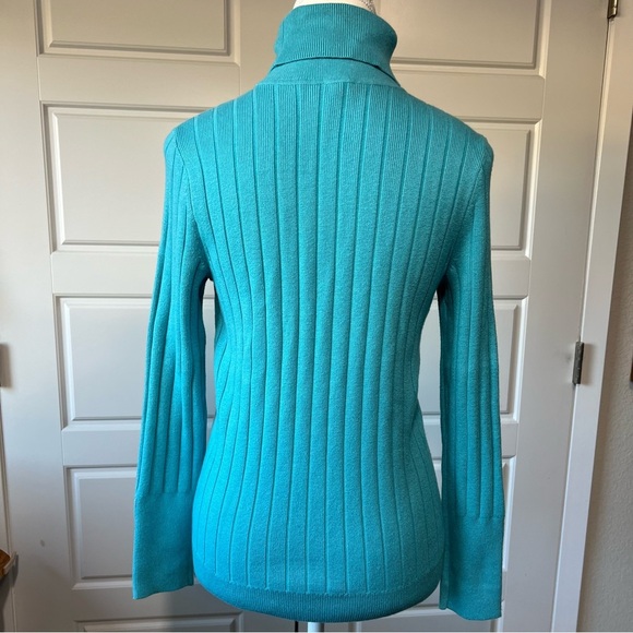 Talbots Ribbed Turtleneck Top Long Sleeve Button Cuff Knit Sweater Teal Small - Picture 5 of 7